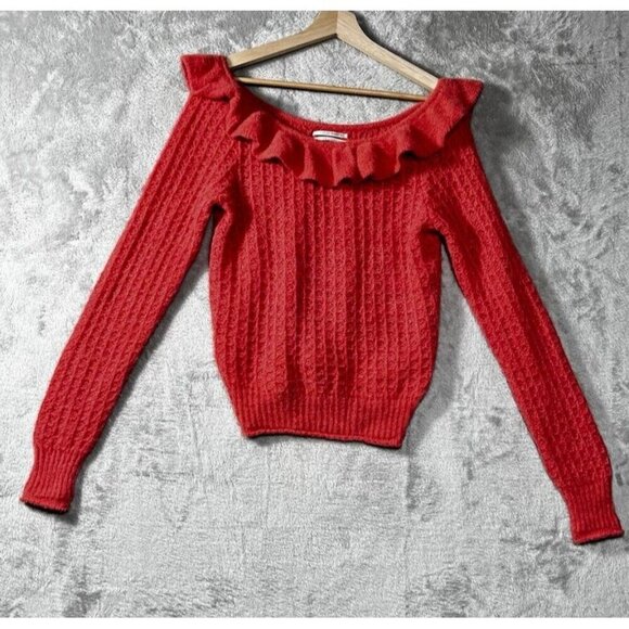 Anthropologie Sweater Ruffled Open Neck Jumper Cozy Soft Coral Pink Waffle Knit - Picture 5 of 14